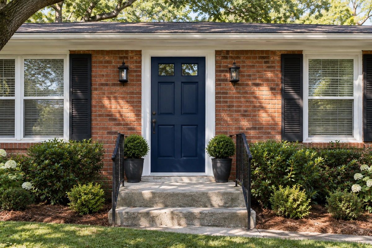 Navy front door paint with white exterior door trim and iron railings on a Candler-McAfee brick ranch