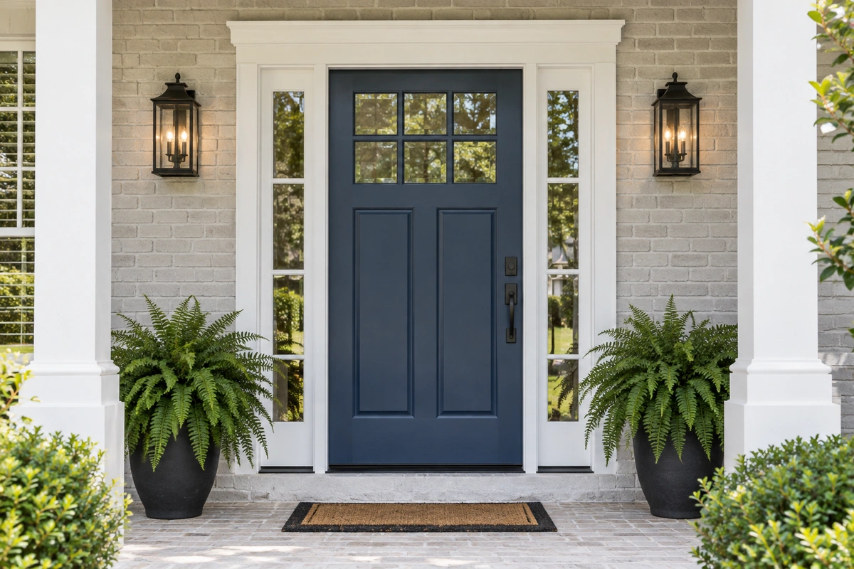Navy front door paint with white exterior door trim on a Cumming GA Craftsman home