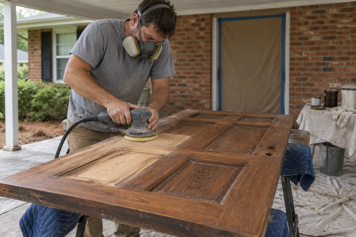 On-site door refinishing in Candler-McAfee 30032 with the door sanded in a ranch home carport