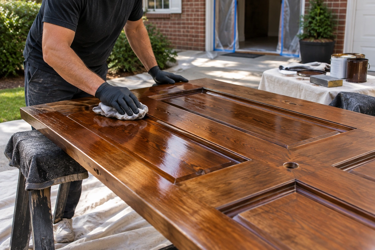 On-site door restoration Norcross – technician applying marine-grade UV varnish to a stained oak door