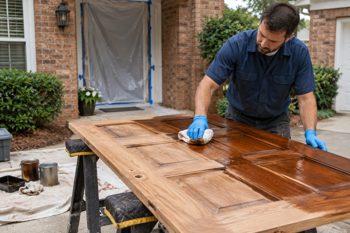 Door Refinishing Carl, GA: On-Site Wood, Fiberglass & Metal Door Restoration for Barrow County Homes 4 On-site door staining in Carl GA – technician applying stain during wood door refinishing