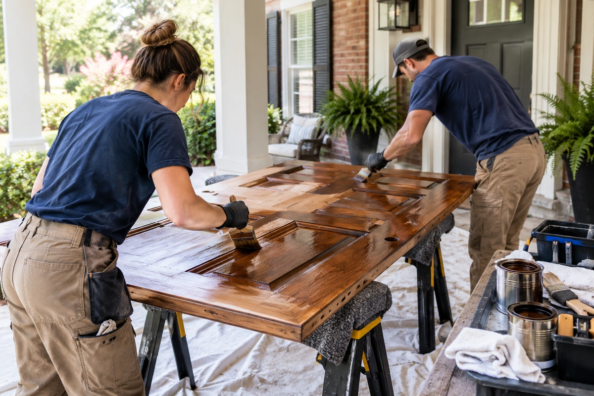 Door Refinishing Union City GA 3 Door Stain crew staining a wood entry door on-site for door refinishing in Union City GA