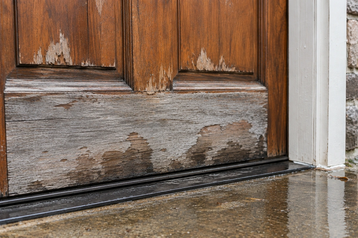Door Refinishing Austell GA 3 Water-damaged and sun-faded wood door in Austell GA before exterior door refinishing