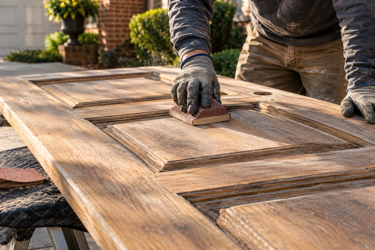 Wood door refinishing Bremen – hand-sanding a stripped oak entry door on site 