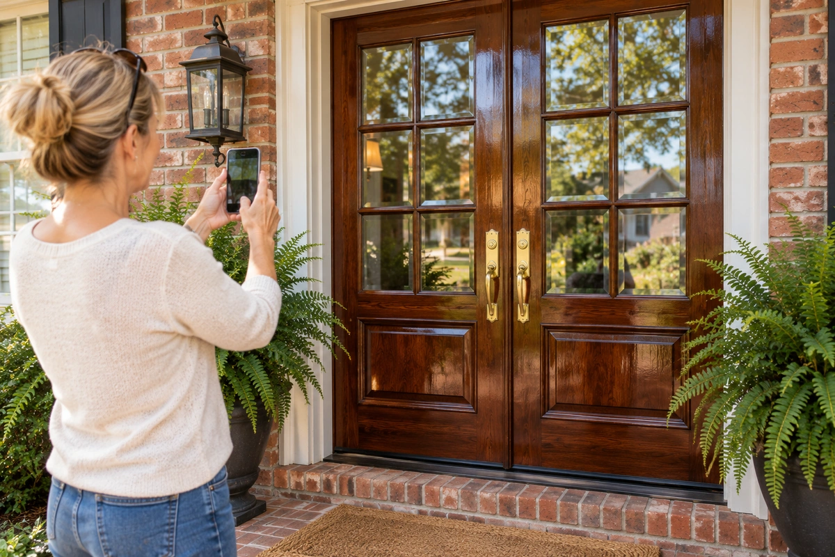 Door Refinishing Carl, GA: On-Site Wood, Fiberglass & Metal Door Restoration for Barrow County Homes 5 Wood door refinishing in Carl GA – homeowner photographing a refinished double entry door for a free quote
