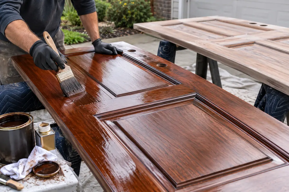Door refinishing Fairburn GA 4 Wood door restoration Fairburn GA: craftsman applying stain to a mahogany entry door on site