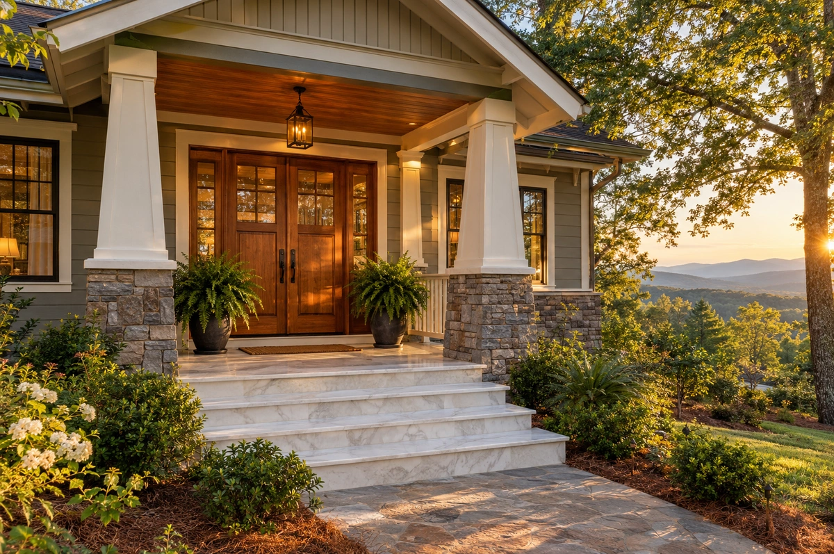Wood door restoration in Nelson GA showing a refinished double front door on a foothills home