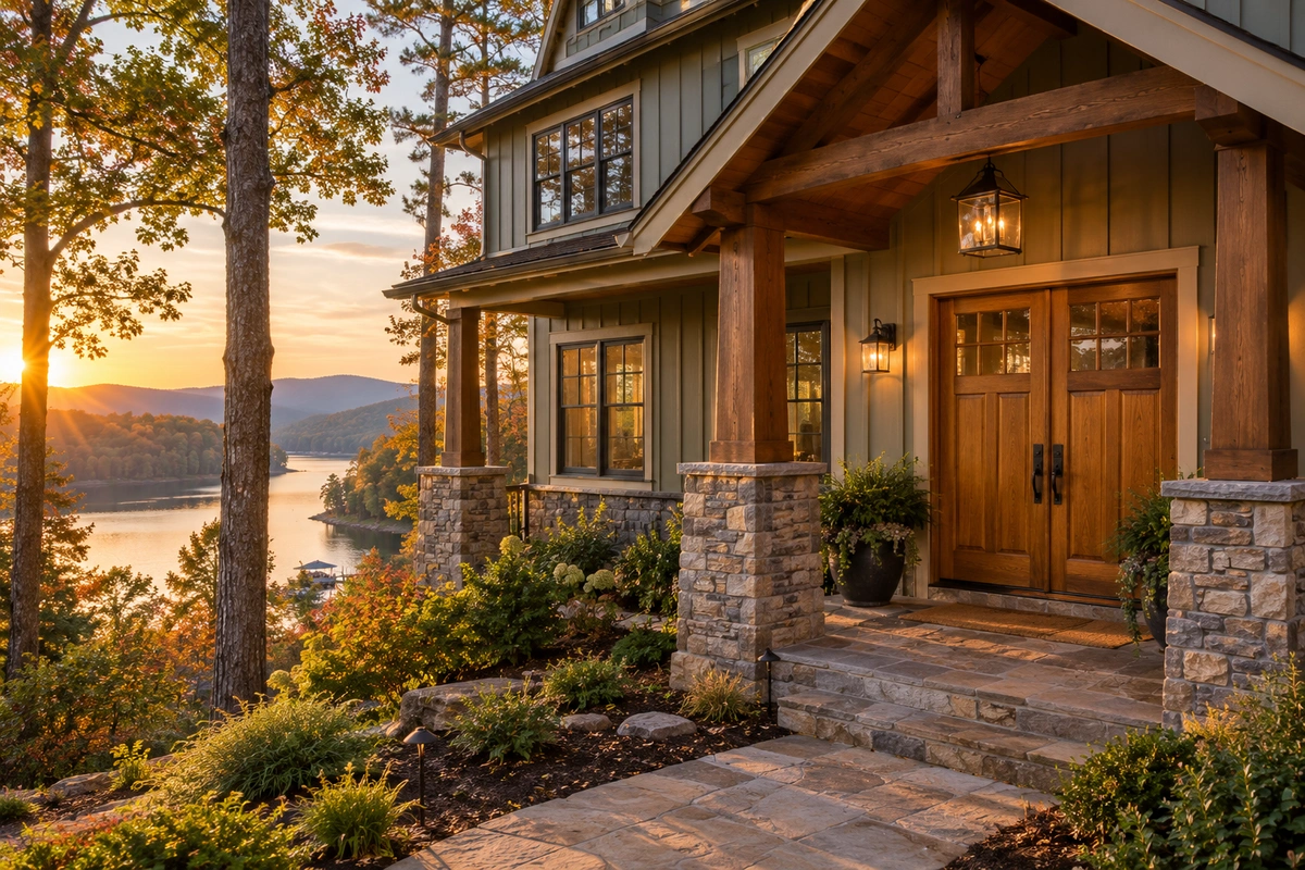 Wood door restoration Waleska GA on a lakeside home in Lake Arrowhead