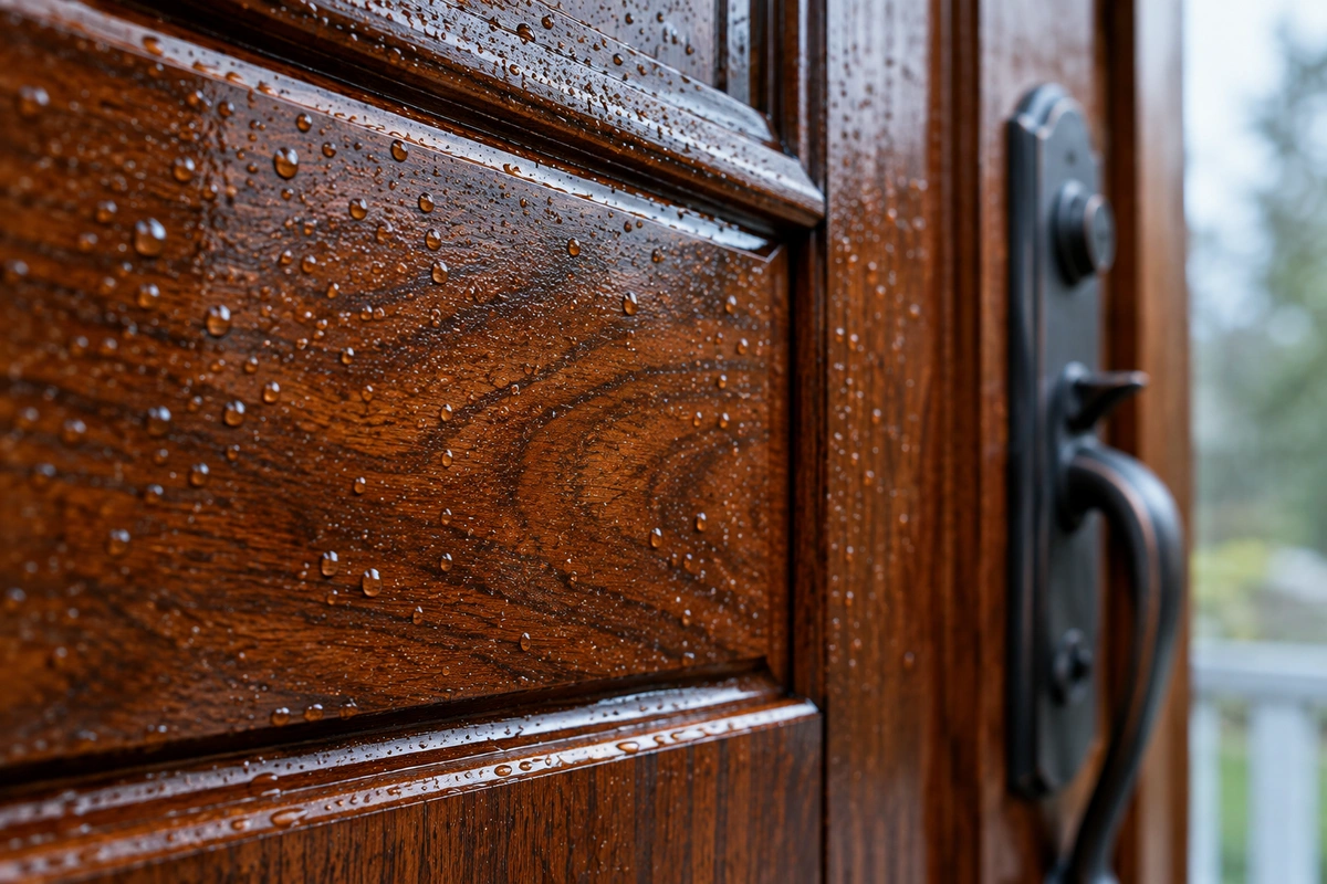 Wood door staining in Nelson GA sealed with a marine-grade UV clear coat that beads water