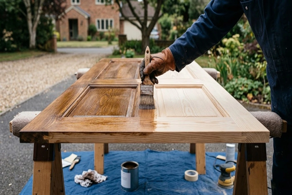 Wood door staining in Walnut Grove GA during on-site door refinishing.